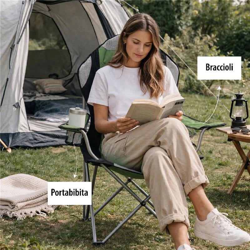 SET 2 SEDIE DA CAMPING IN TESSUTO VERDE CON CHIUSURA A FISARMONICA POGGIOLI E PORTA BEVANDE 60X90X105 CM