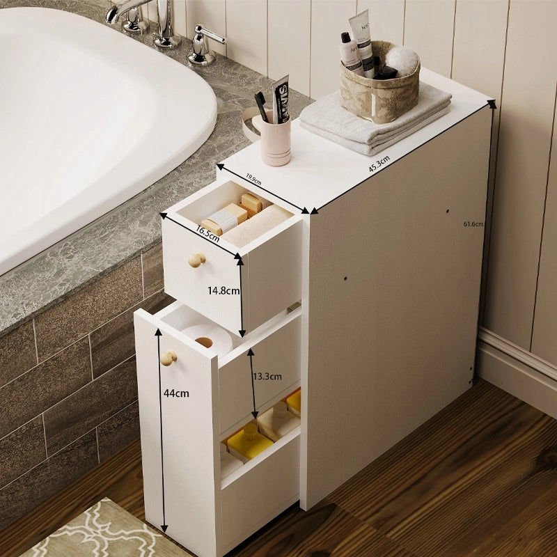 Mobiletto da bagno stretto con colonna, ripiano bianco e cassetti, design moderno