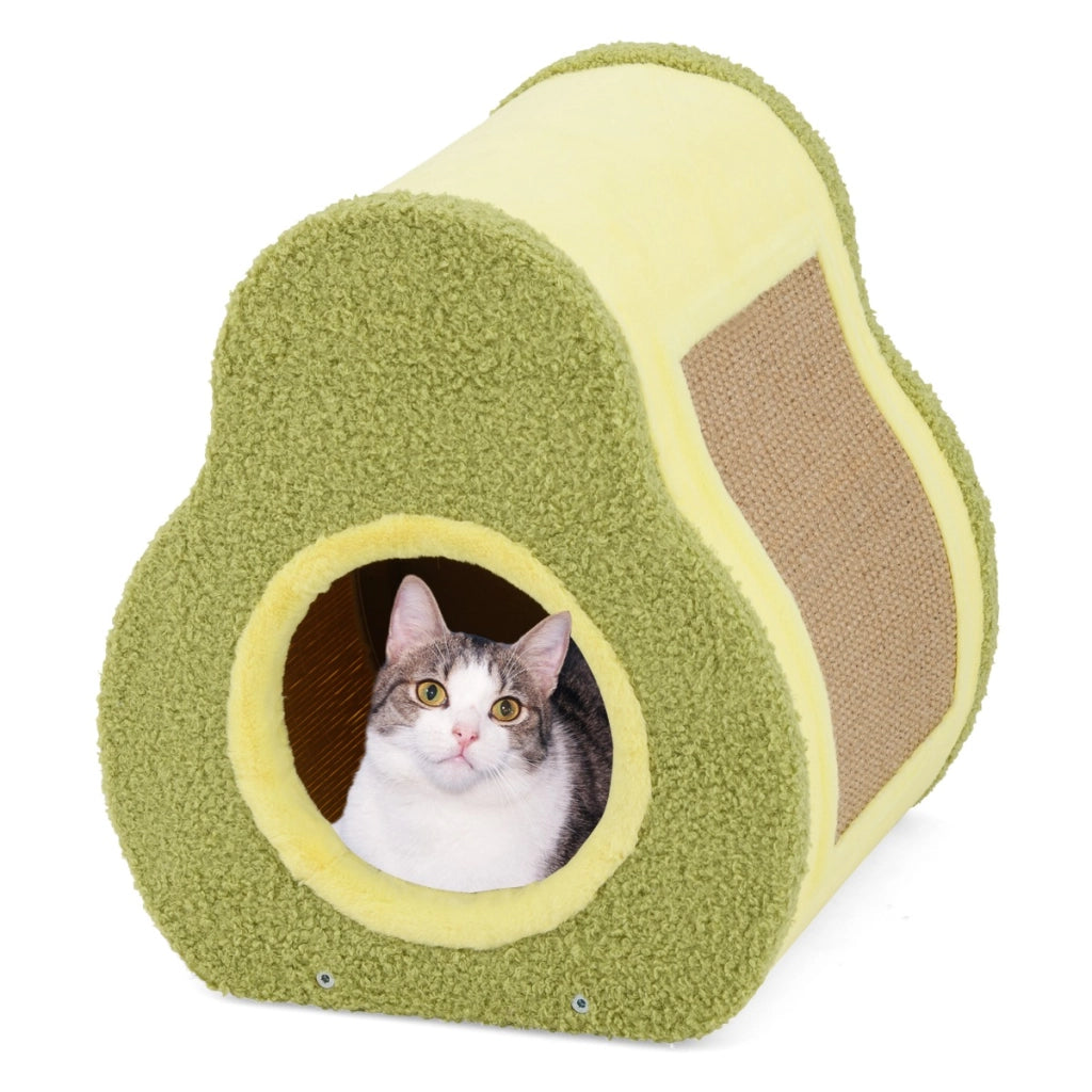 Cuccia per gatti a forma di avocado con tiragraffi in juta, Casetta per gatti carino con foro rotondo Verde-Lettini e divanetti