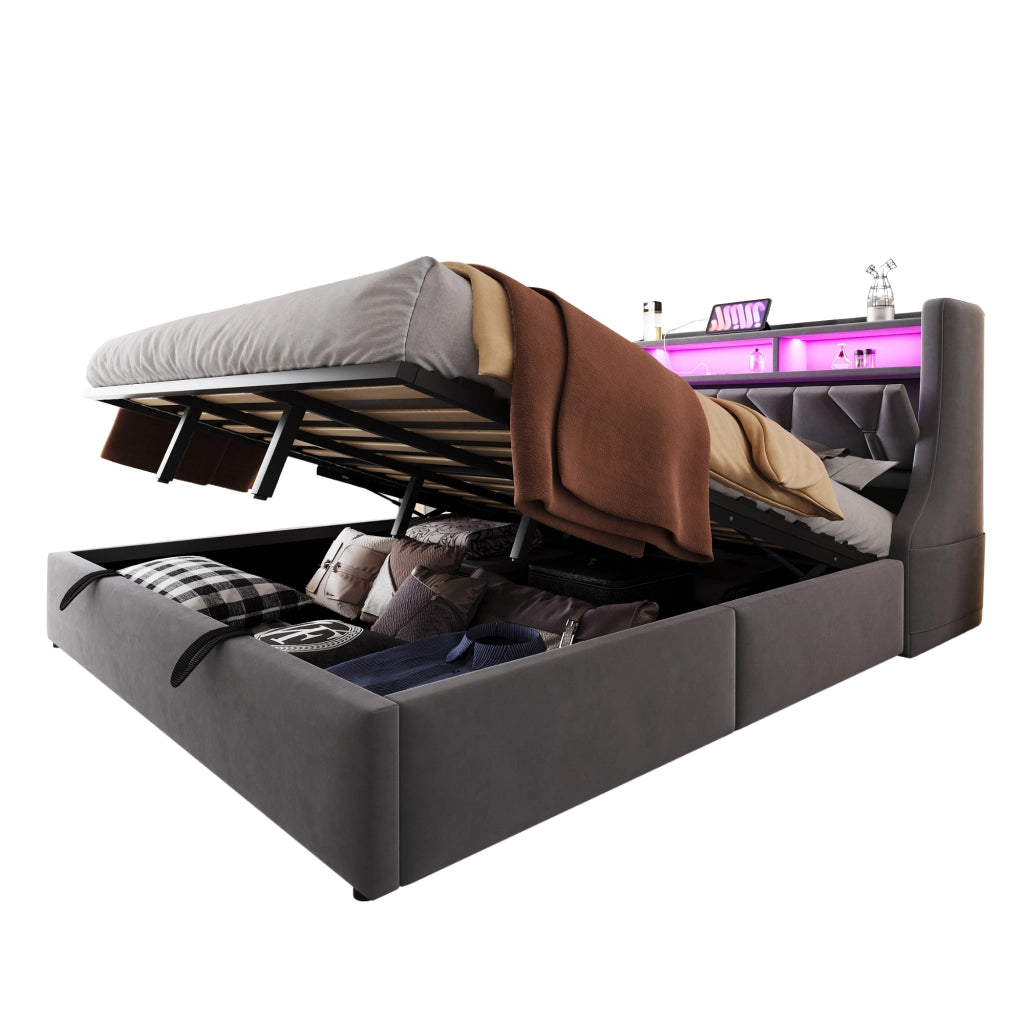 DESMIU Letto Matrimoniale 180 × 200 cm con Contenitore idraulico, USB, Type-C, LED, senza materasso, in velluto, grigio