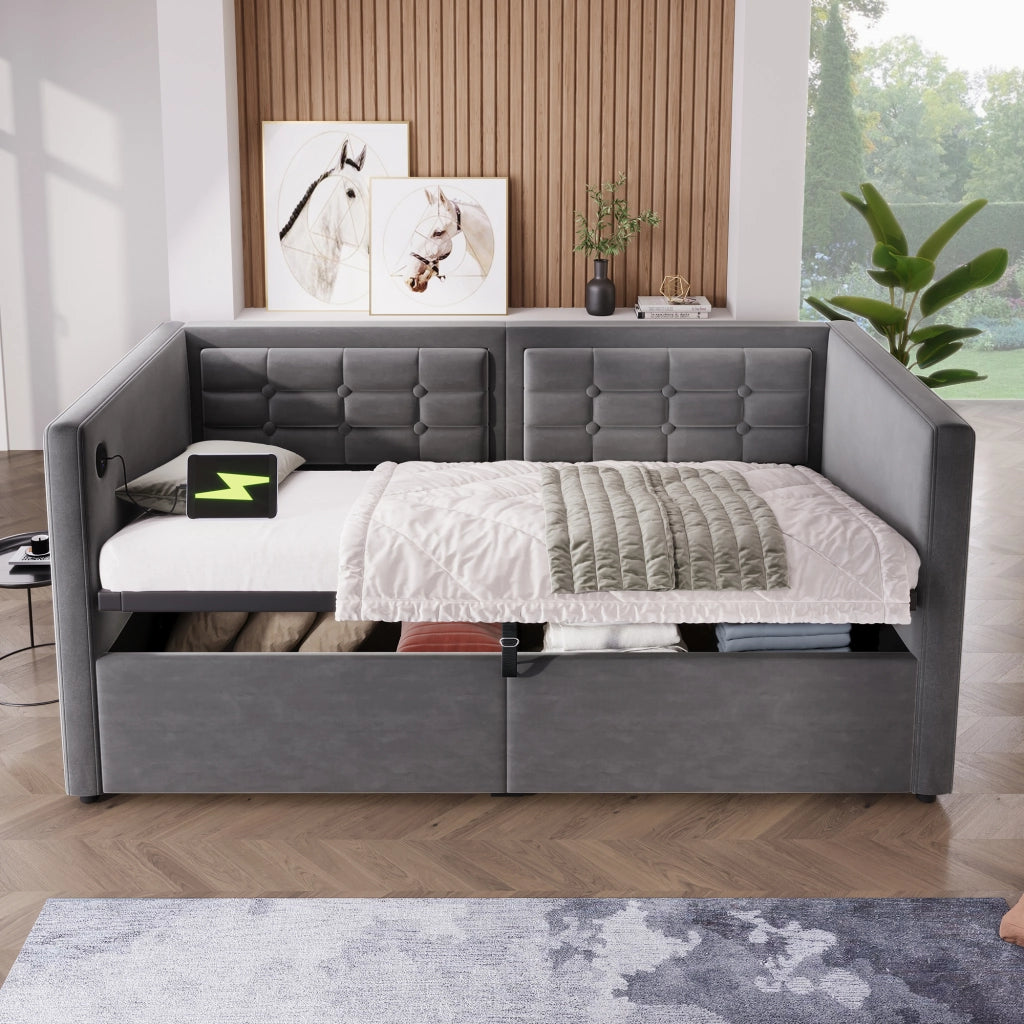 LETTO Divano letto 90x200 cm in velluto grigio con contenitore e USB Type-C