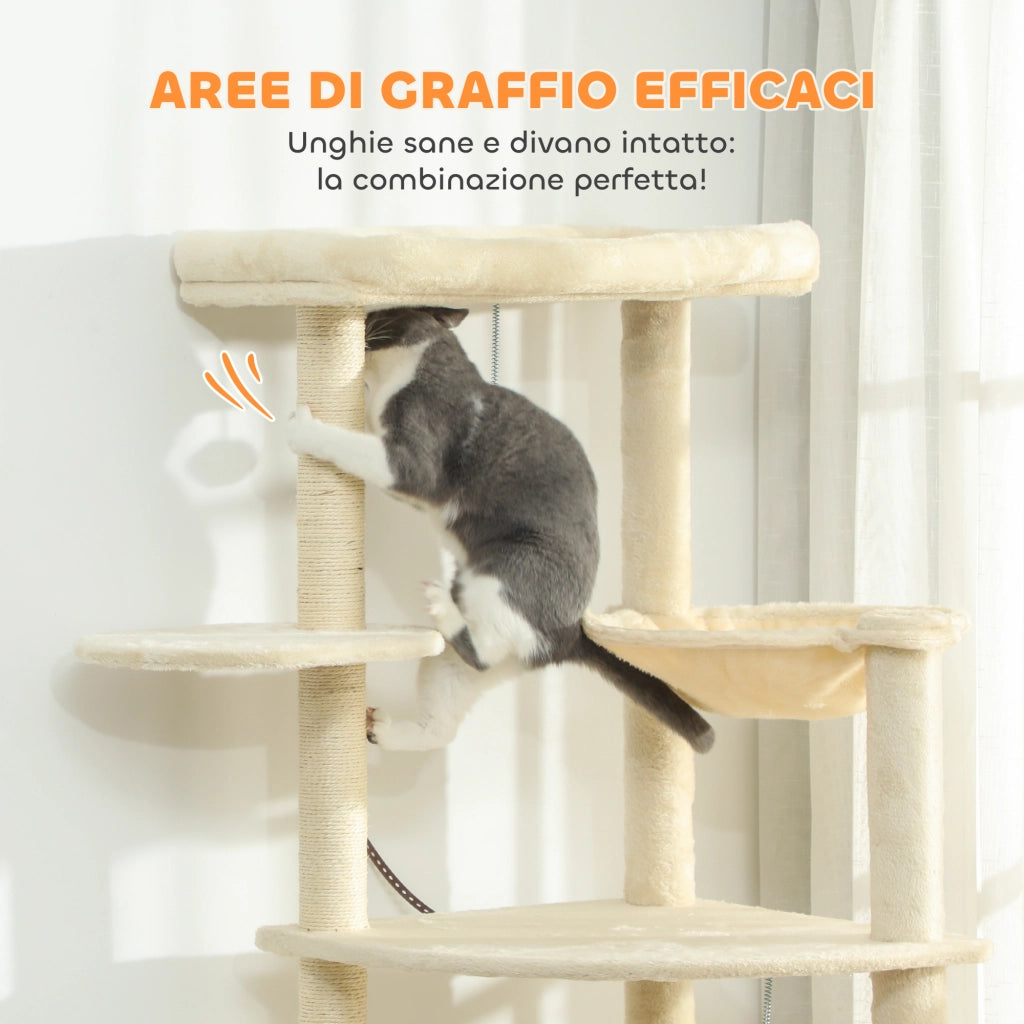 Tiragraffi per gatti multilivello 200cm ¨C Xylo ¨C con 2 casette, 2 lettini e amaca, beige