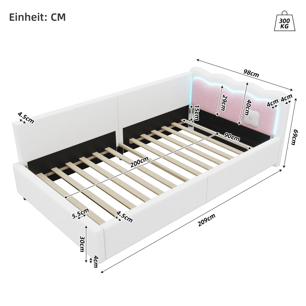 Letto matrimoniale con luce LED integrata velluto bianco 90x200 cm