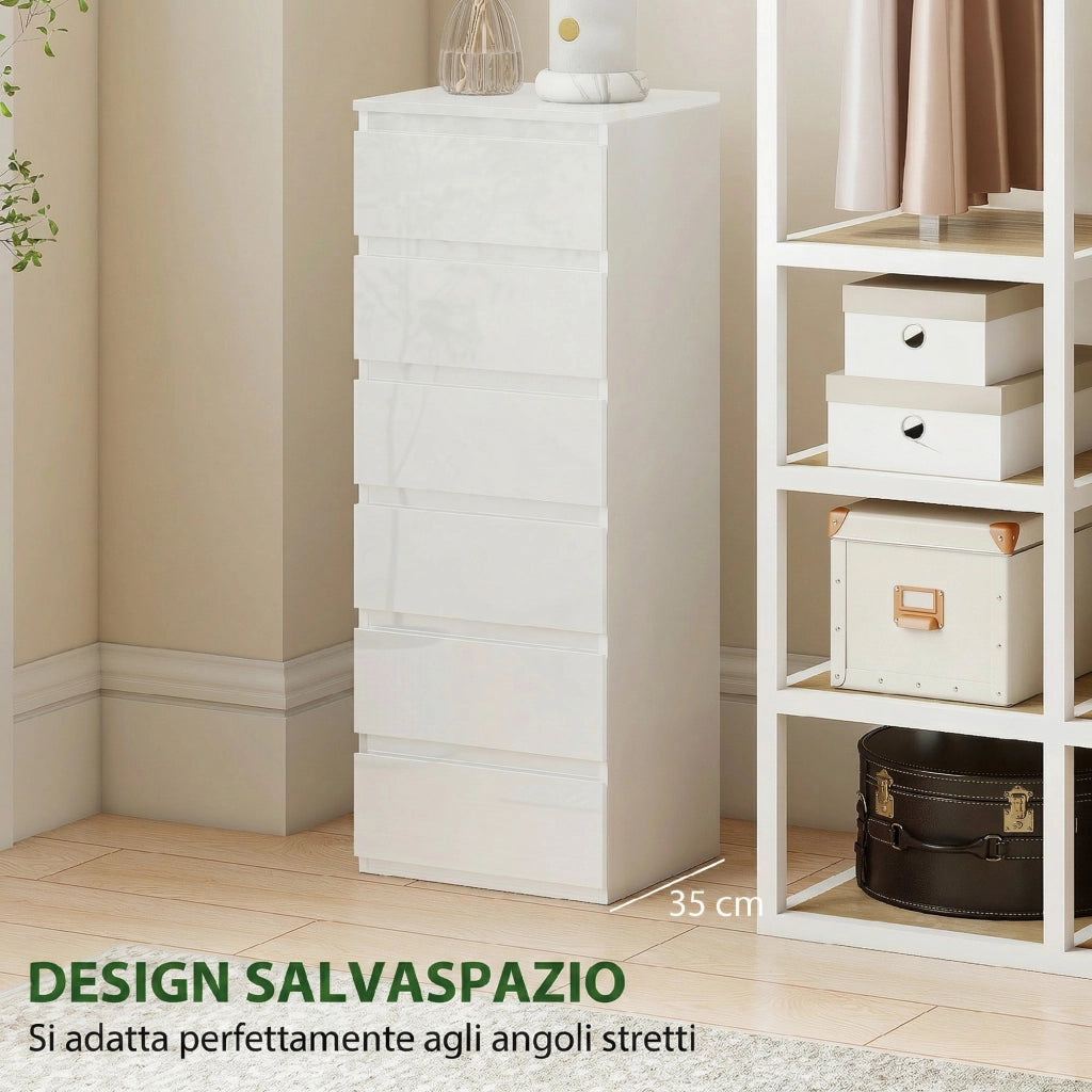 Com¨° Slim. 6 Cassetti Finitura Lucida. Camera da Letto. Bianco