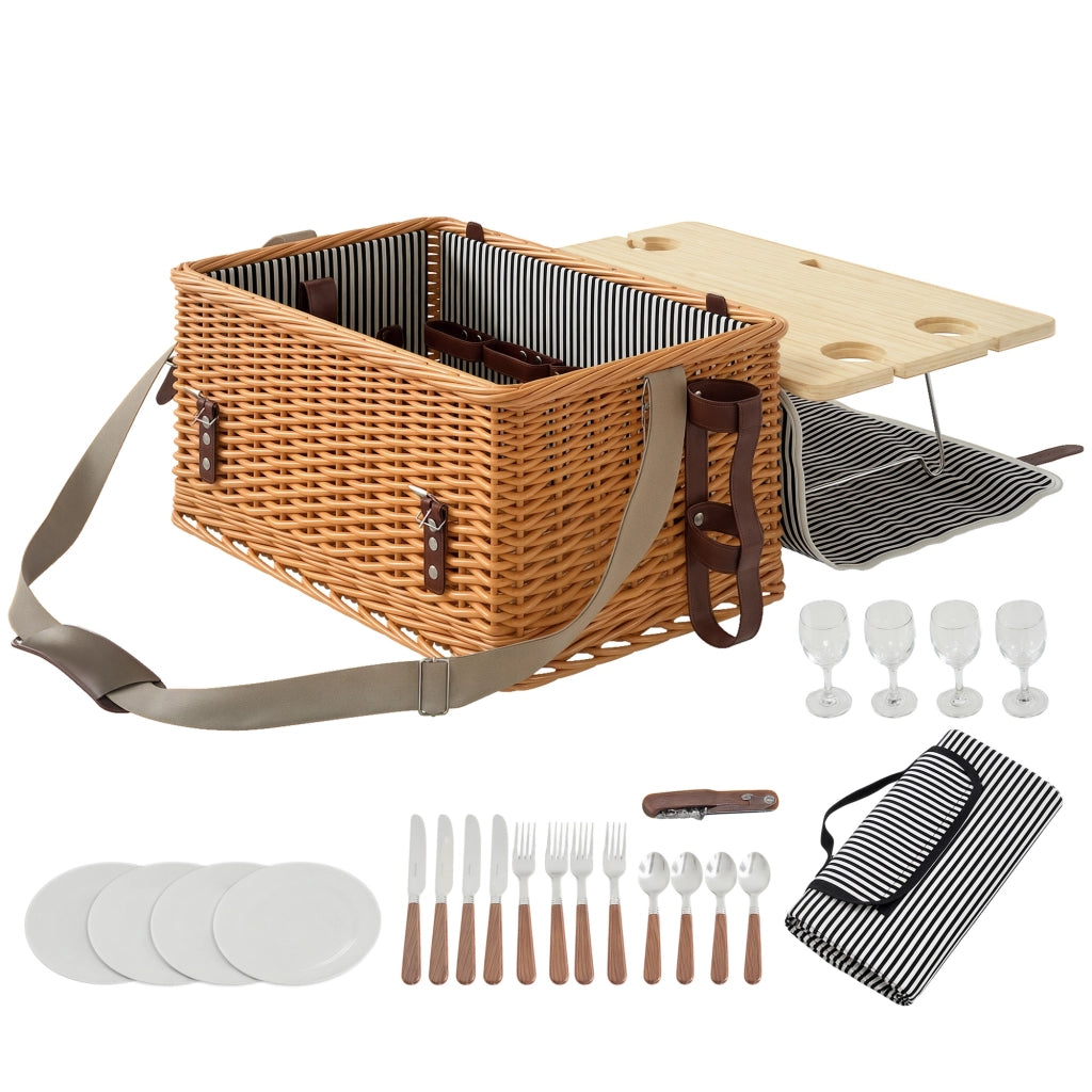 Cestino picnic in vimini 4 persone ¨C Xylo ¨C con tavolo vino in pino e tracolla regolabile marrone chiaro
