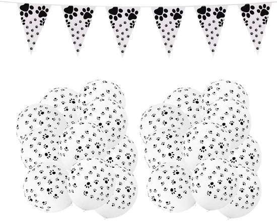 Set di palloni per feste - 20 pezzi - con impronta di zampa - set di decorazioni per feste - con impronta di zampa di cane - palloni in lattice - bandiera da tenda nera/bianca - palloni per feste