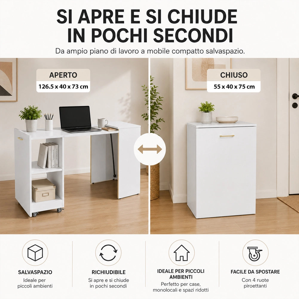 Mobile con Tavolo Scrivania a Scomparsa Richiudibile Salvaspazio in Truciolare Bianco
