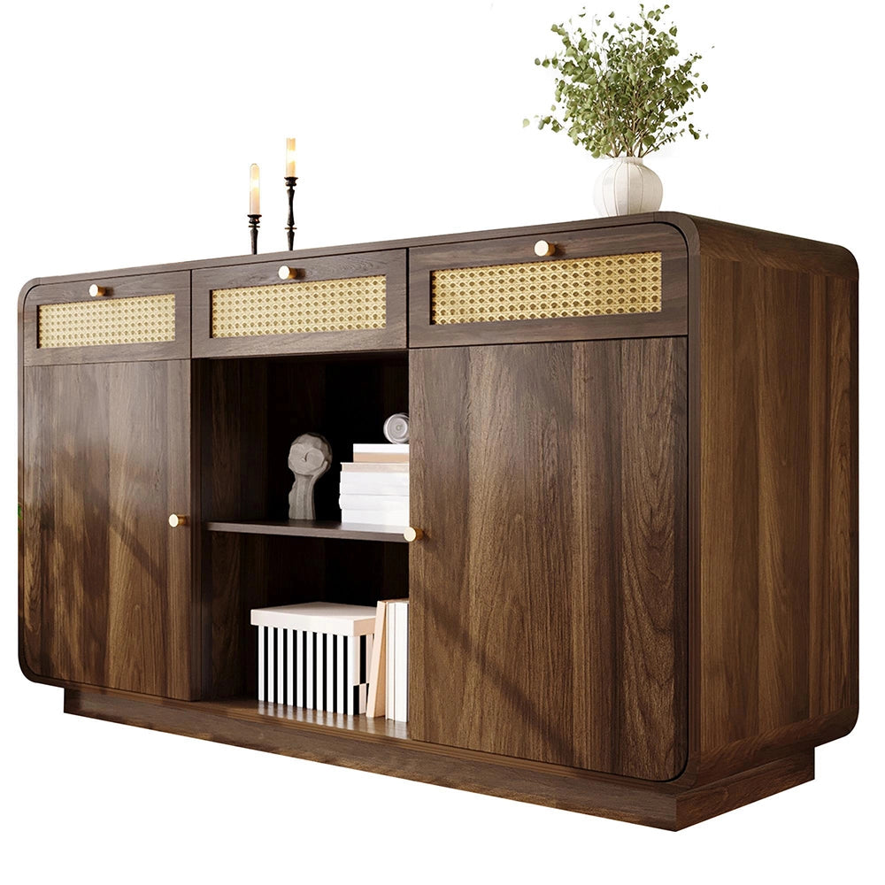 Credenza Sideboard 120cm - Xylo - Noce con 3 Cassetti e Maniglie in Vimini/Oro
