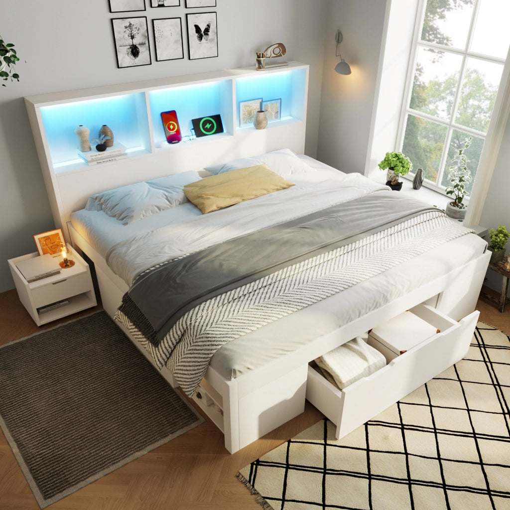 Letto funzionale con LED e USB-C - Zephmum- 140x190 cm- Bianco- Con cassetti e ripiani