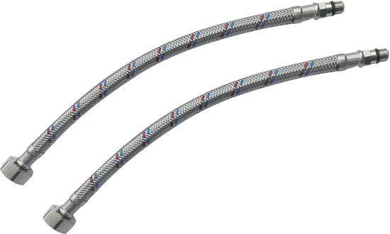 Set di tubi di connessione in acciaio inossidabile da 2 - Connettore flessibile - Femmina 1/2 pollice - Maschio M10 - Lunghezza 300 mm - Tubo di connessione sanitario - Tubo di connessione sanitario