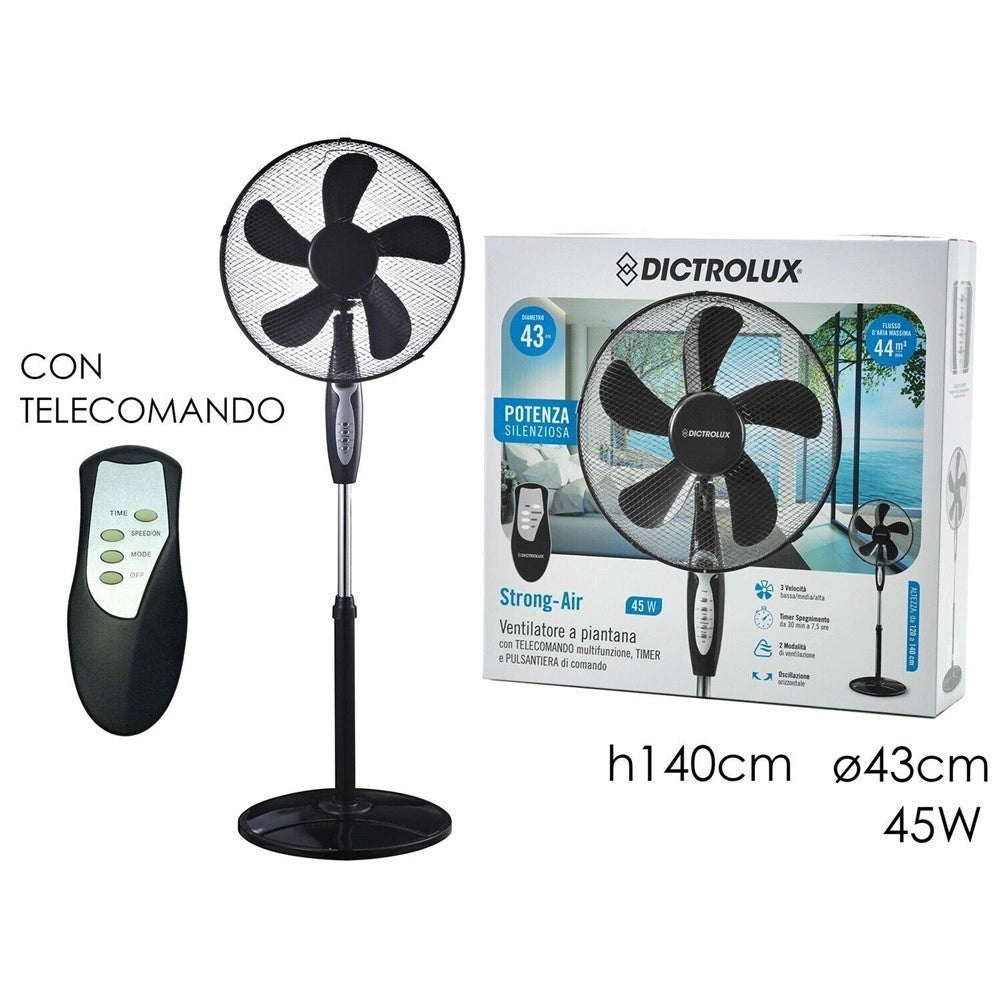 Trade Shop - Ventilatore A Piantana Con 5 Pale Con Telecomando H 140 Cm ø 43 Cm 45 Watt -