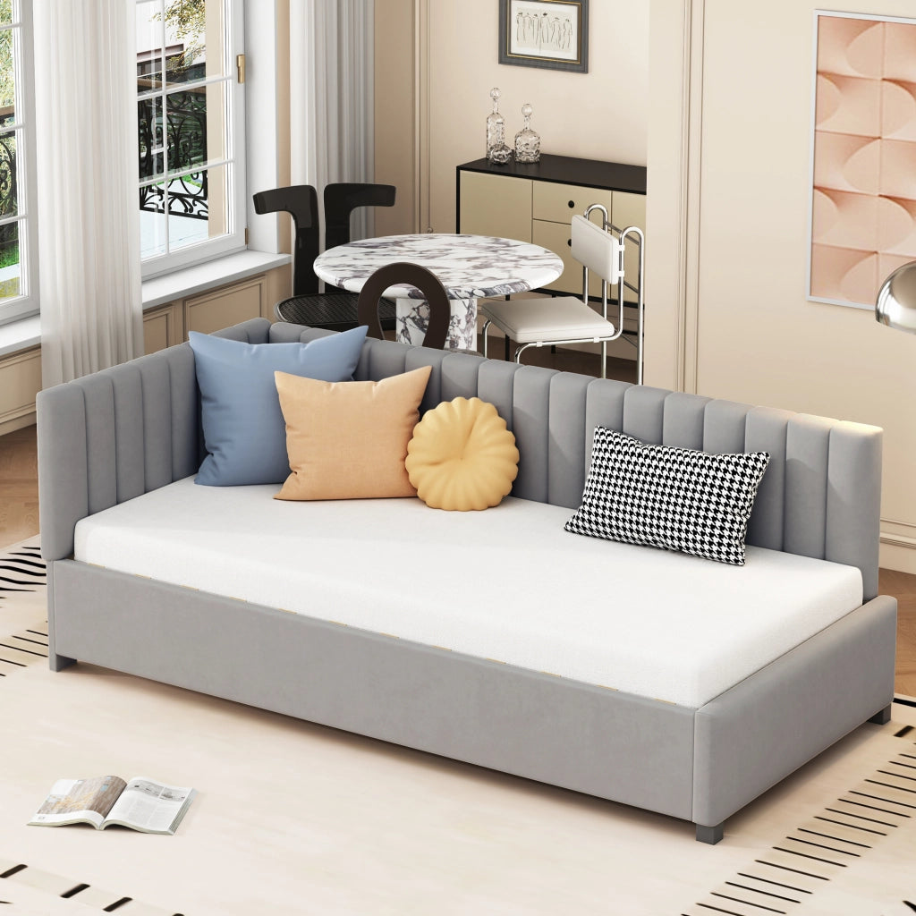 LETTO imbottito 90x200 cm in velluto grigio con rete a doghe
