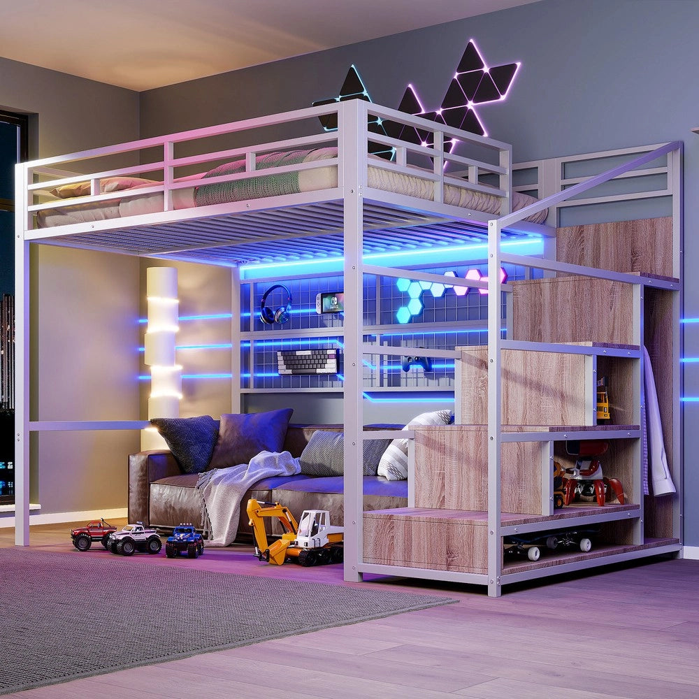 Letto a Soppalco con LED e Armadio ¨C MINIMAL ¨C Bianco 140x200