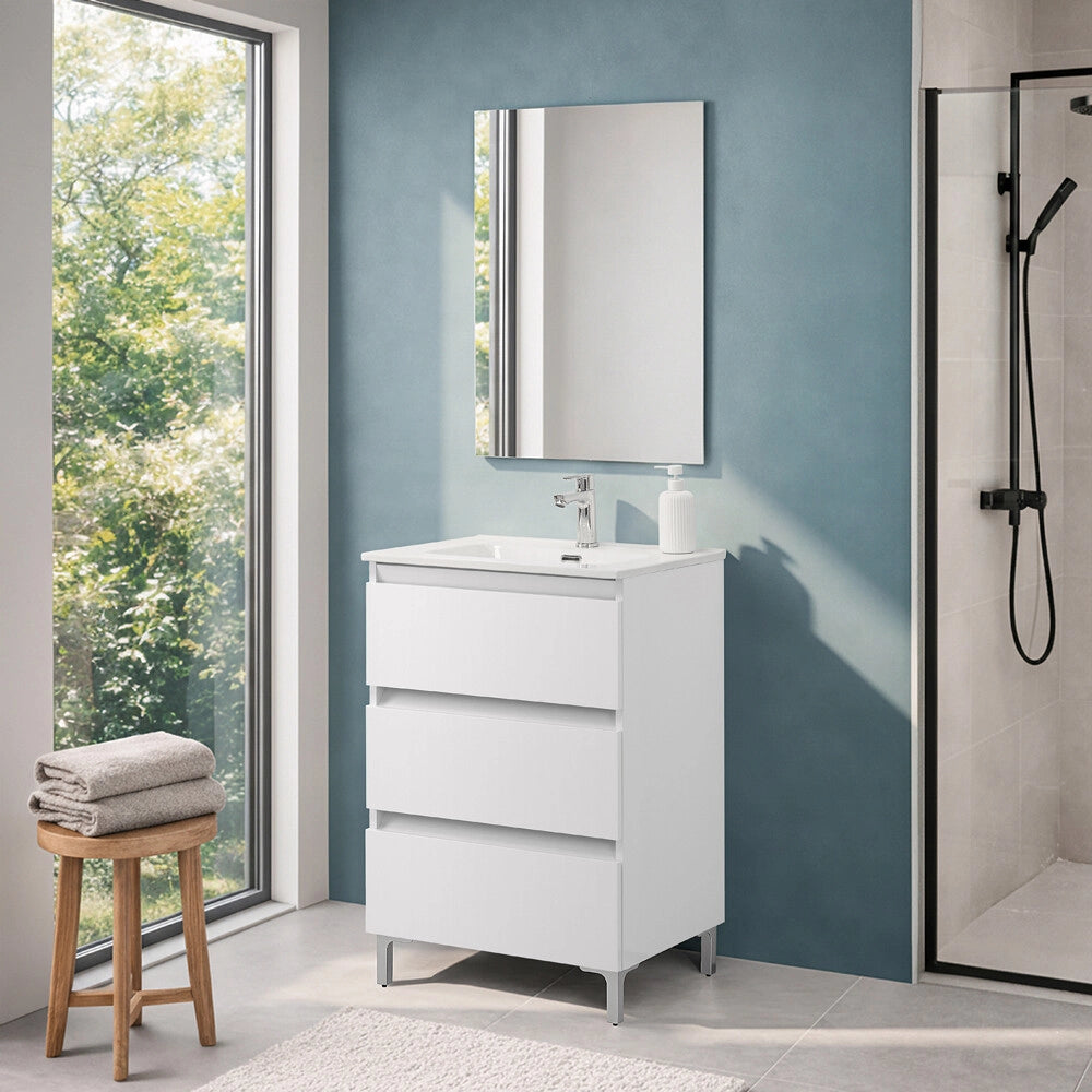Mobile bagno a terra 60 cm in bianco lucido con lavabo e specchio Leda
