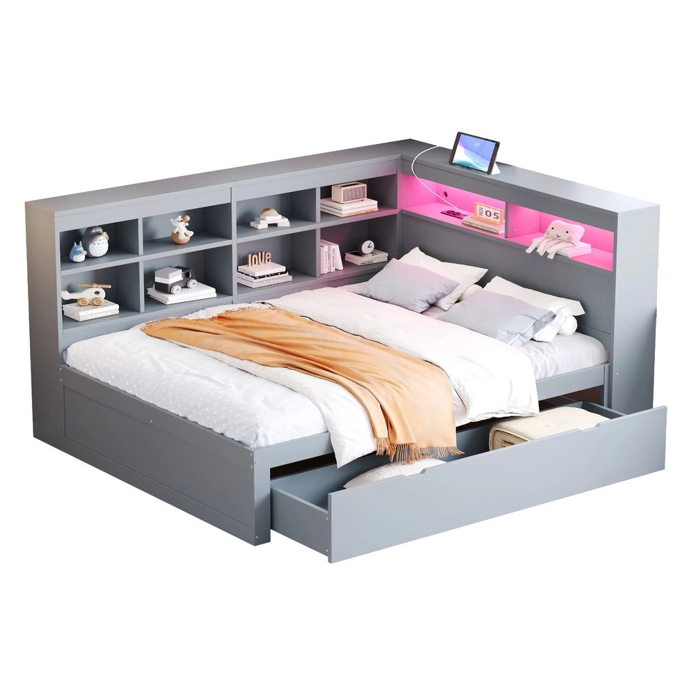 Letto Matrimoniale in Legno Massello con Cassetti e LED ¨C MINIMAL ¨C Grigio 140x200
