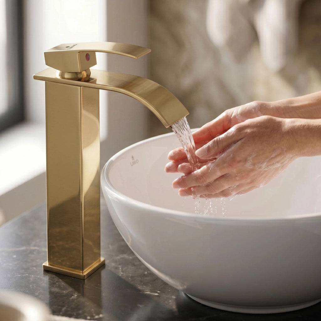 Rubinetto lavabo alto a cascata oro da appoggio miscelatore bagno EVIO