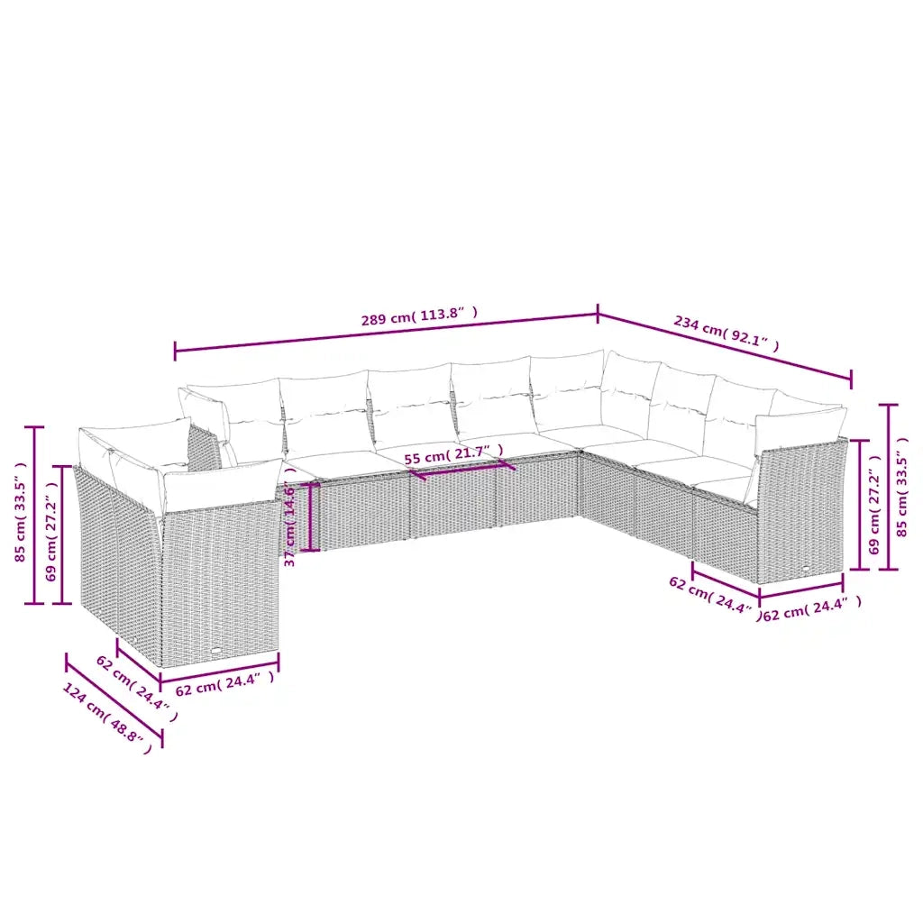 Set Divano Giardino 10 pz con Cuscini Grigio Chiaro Polyrattan 3249701