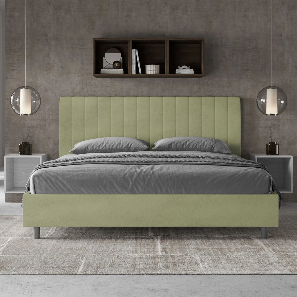 BS COM Letto matrimoniale king size contenitore imbottito 190x210 microfibra tè verde