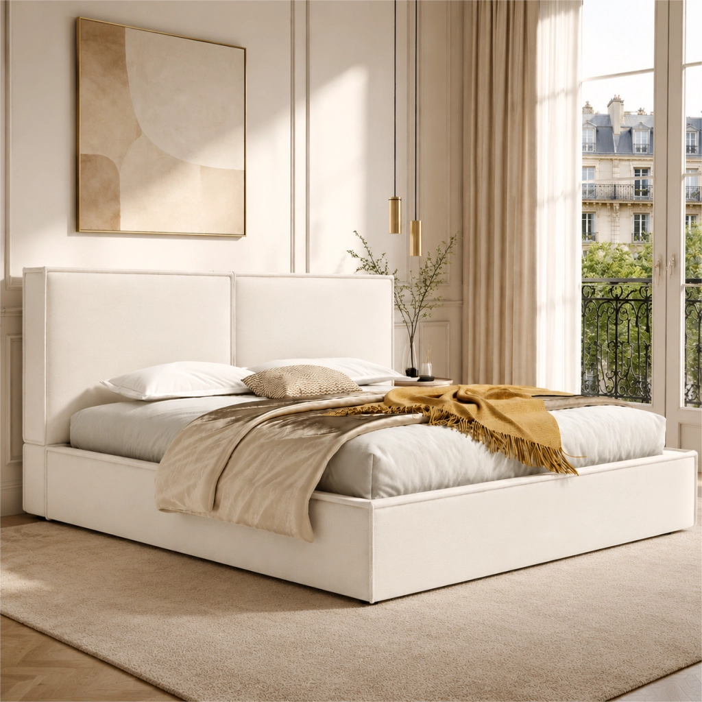 Letto matrimoniale imbottito 180x200 cm con contenitore idraulico; rete a doghe e testiera imbottita; lino beige