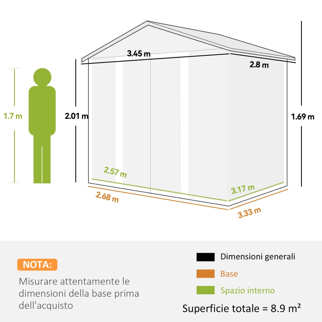 Casetta porta Attrezzi con Porte Scorrevoli e 4 Prese d'Aria, in Acciaio e PP 196x236x208 cm, Grigio Scuro