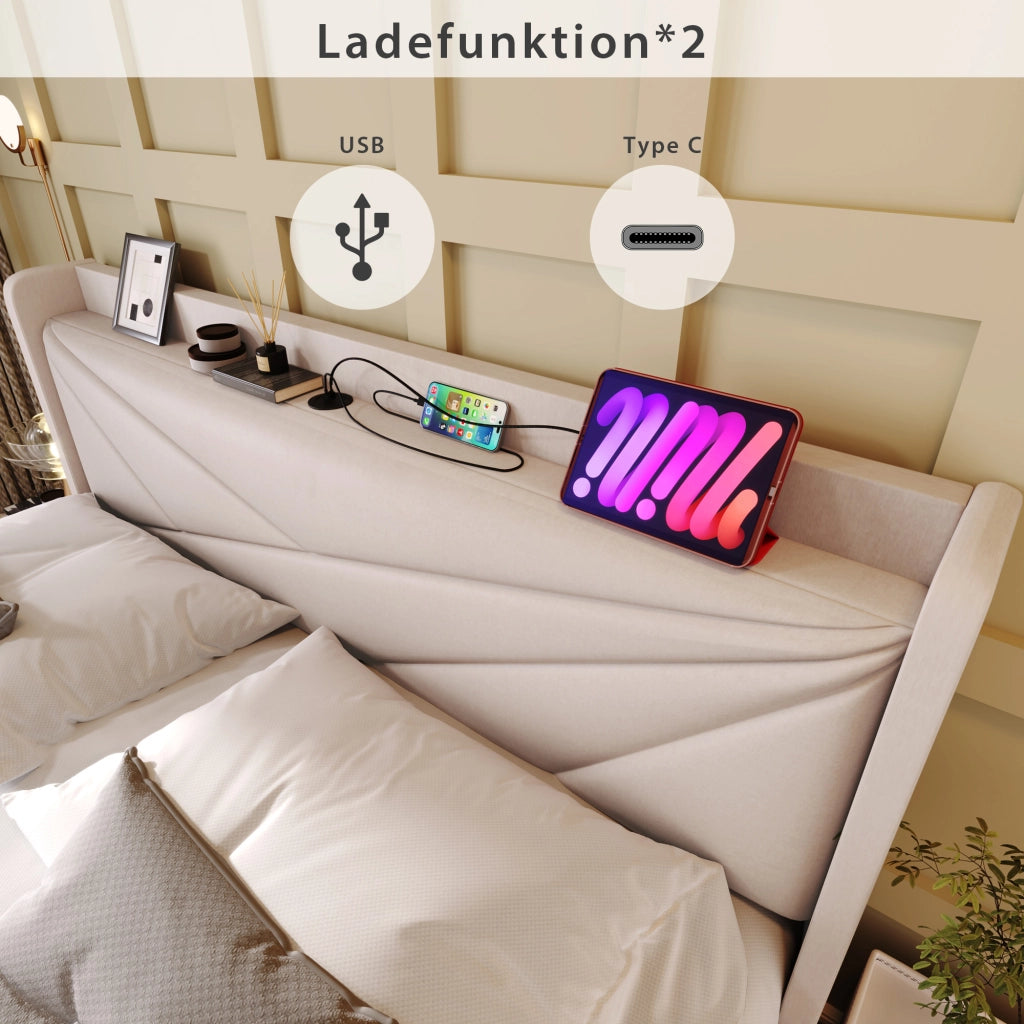 LETTO matrimoniale contenitore 180x200 cm beige in cotone lino con USB Type-C