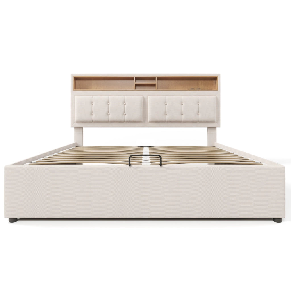 LETTO imbottito contenitore 160x200 cm in lino beige con USB e presa