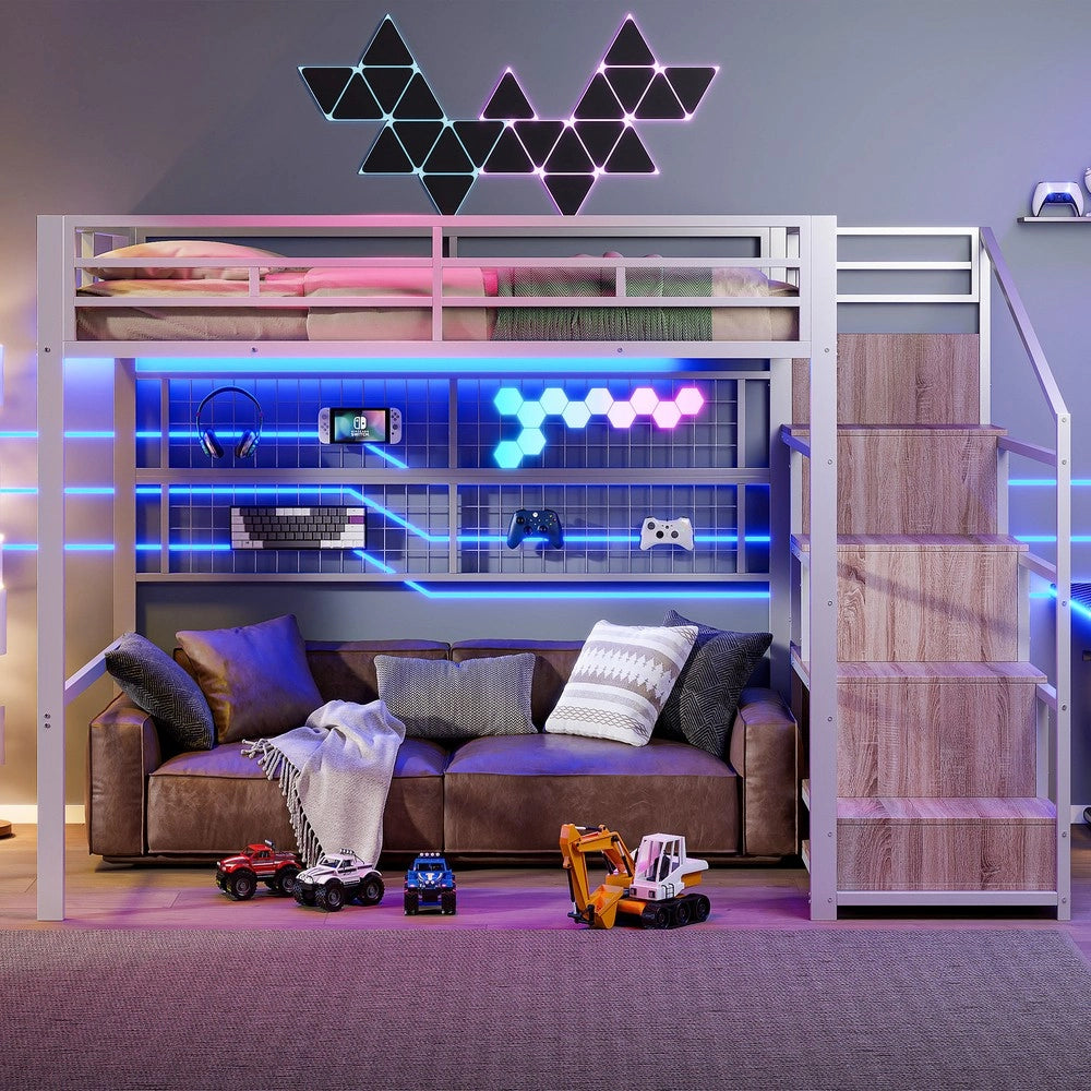 Letto a Soppalco con LED e Armadio ¨C MINIMAL ¨C Bianco 140x200