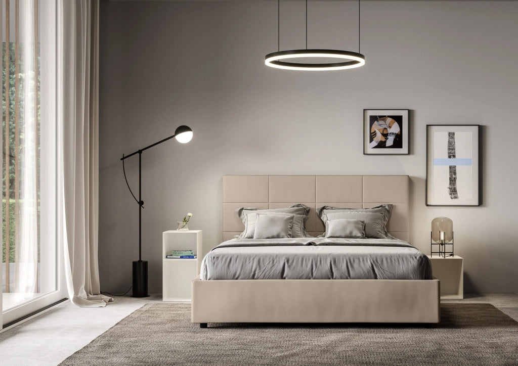 BS COM Letto matrimoniale francese con rete imbottito 140x200 similpelle tortora