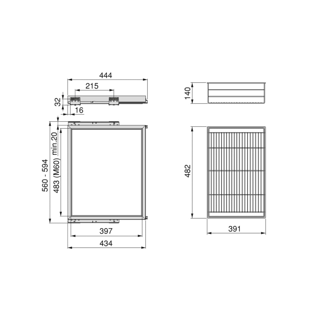 Kit Cestello in Filo Metallico e Telaio per Armadio 600 mm in Alluminio e Plastica Emuca