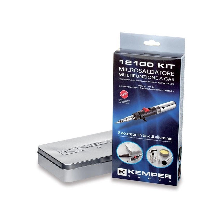 K KEMPER GROUP KEMPER_12100KIT Kit Microsaldatore a Gas con Accensione Piezo Corpo Trasparente Temperatura Fiamma 1300°c Autonomia 40 min Accessori Inclusi colore Nero