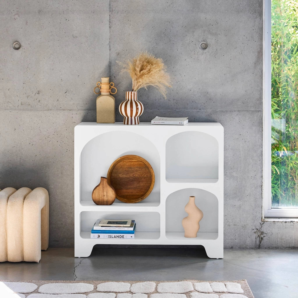 Credenza organica a 4 scomparti effetto legno bianco, 90cm, bianco