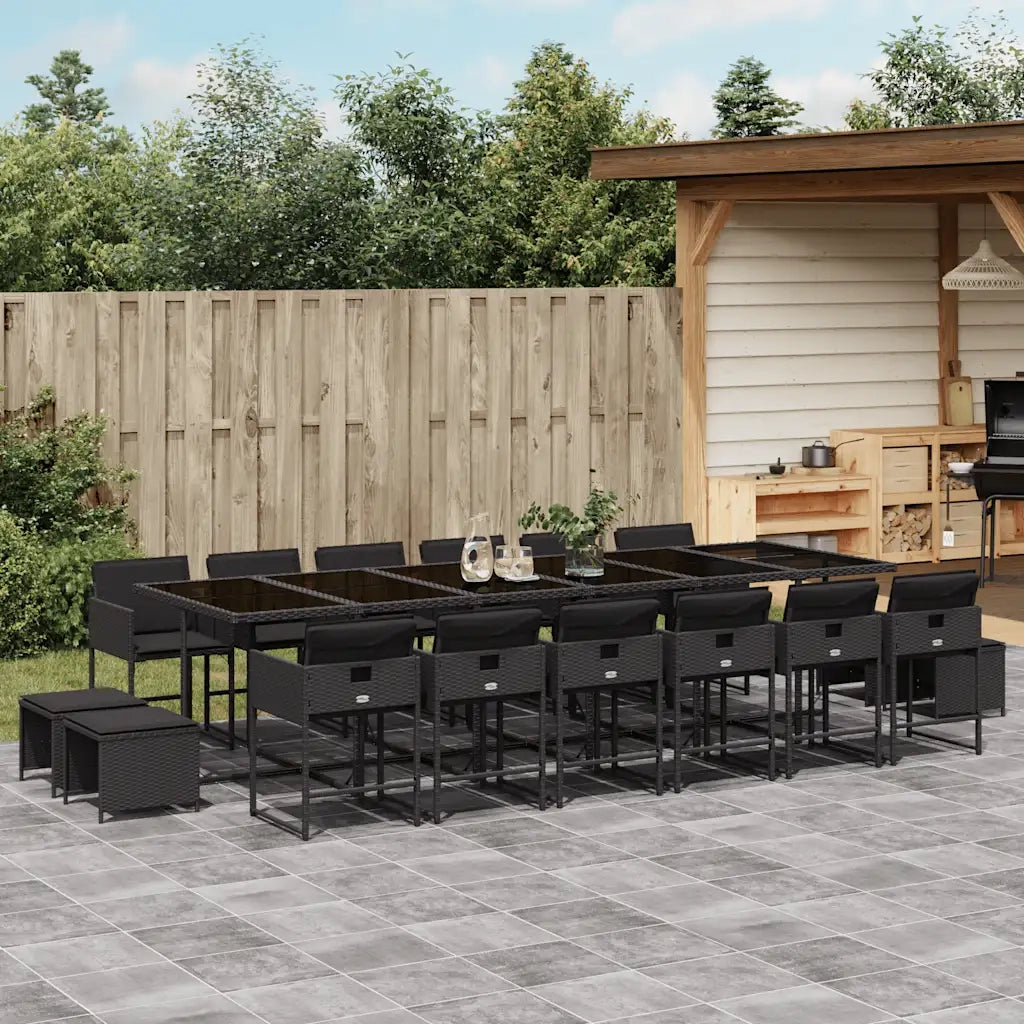 Set da Pranzo da Giardino 17 pz con Cuscini Nero in Polyrattan
