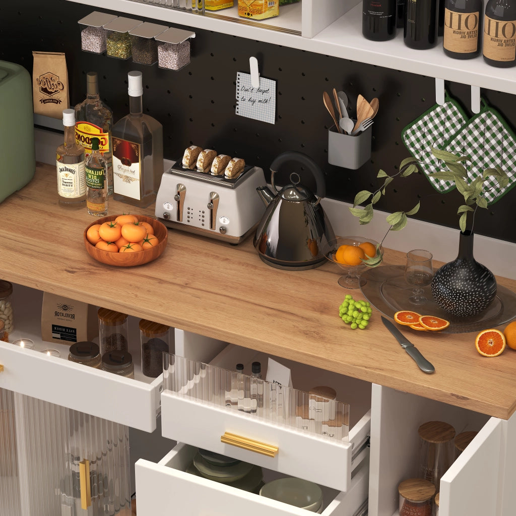 OKWISH Credenza Alta da Cucina con Porta Scorrevole in Vetro, Ripiani Regolabili e LED, MDF, Bianco, 145×39×171 cm