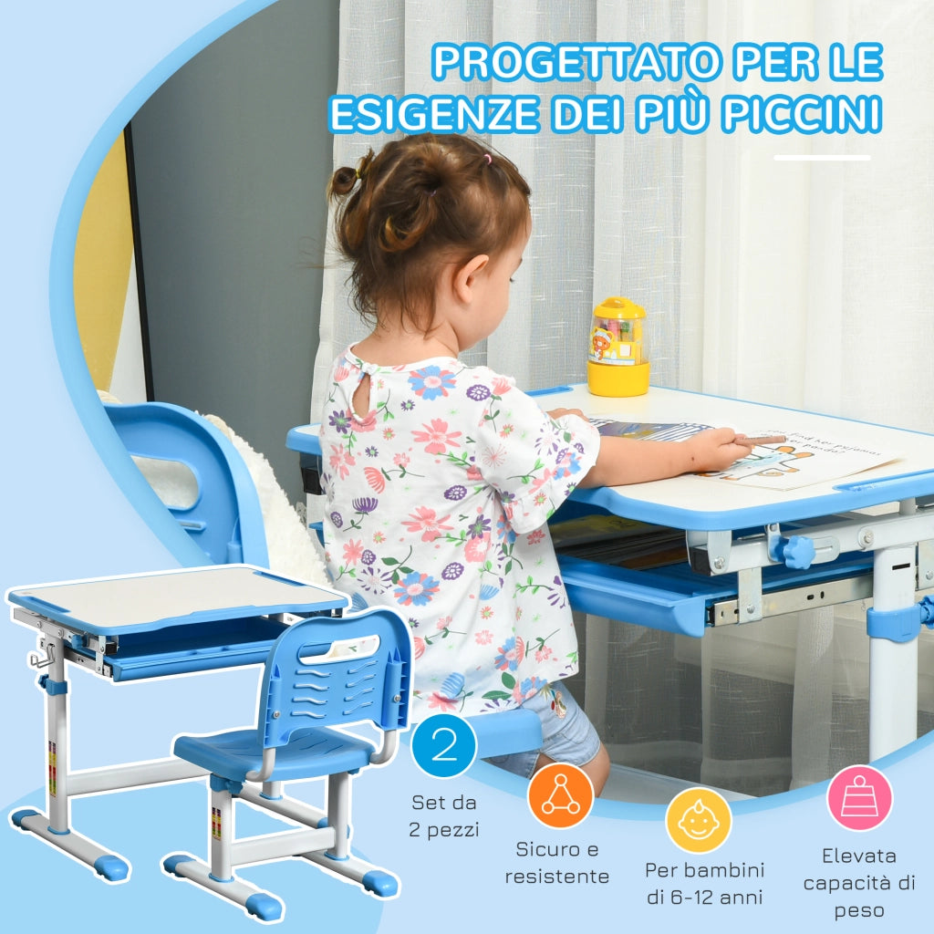 Scrivania per Bambini con Sedia Regolabile, Cassetto e Piano Inclinabile ¨C Minimal ¨C Blu 66x47x52-77 cm