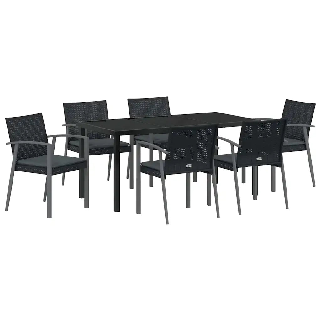 Set da Pranzo per Giardino 7 pcs Nero e Grigio Rattan in PE