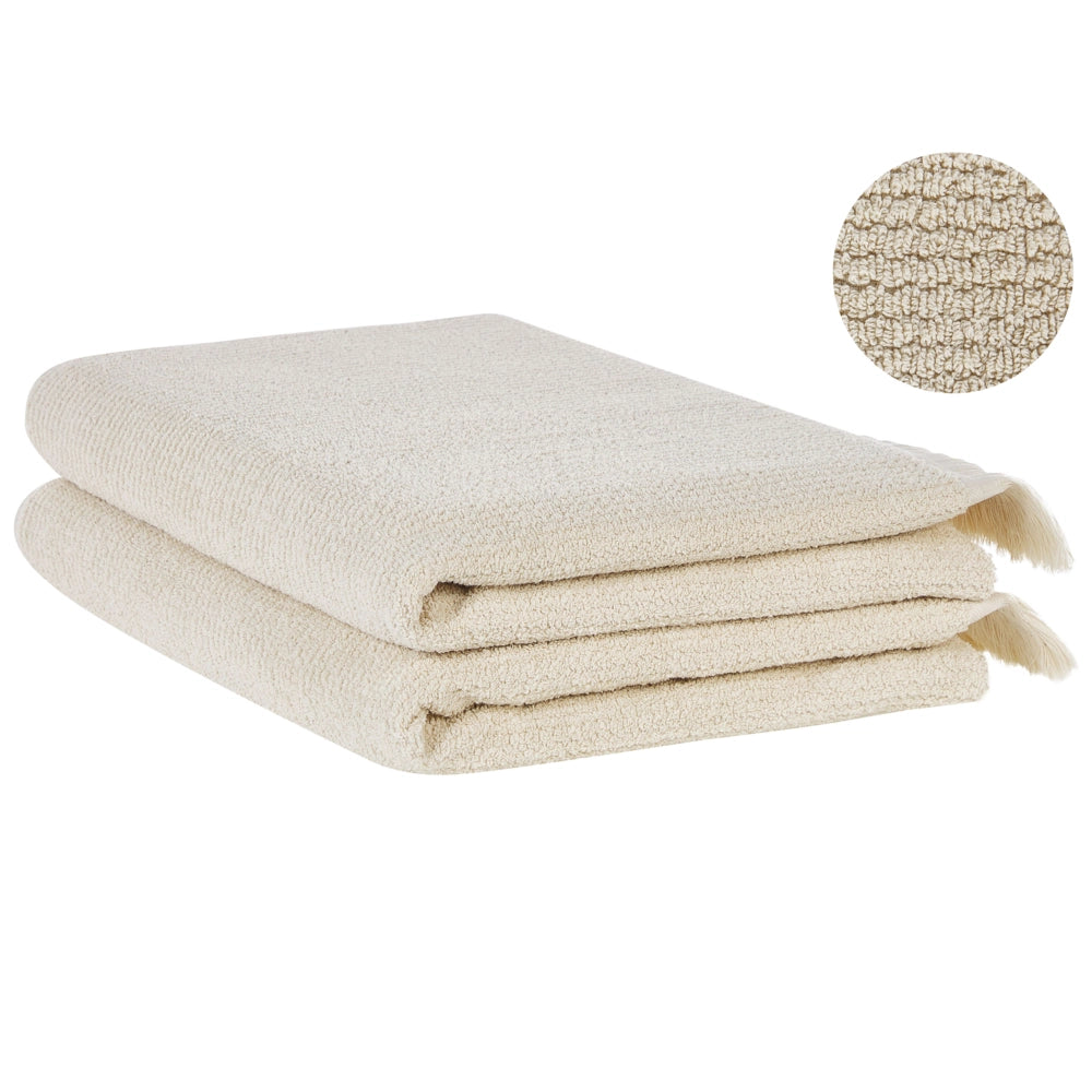 Set di 2 asciugamani bagno in spugna di cotone beige con nappe decorative