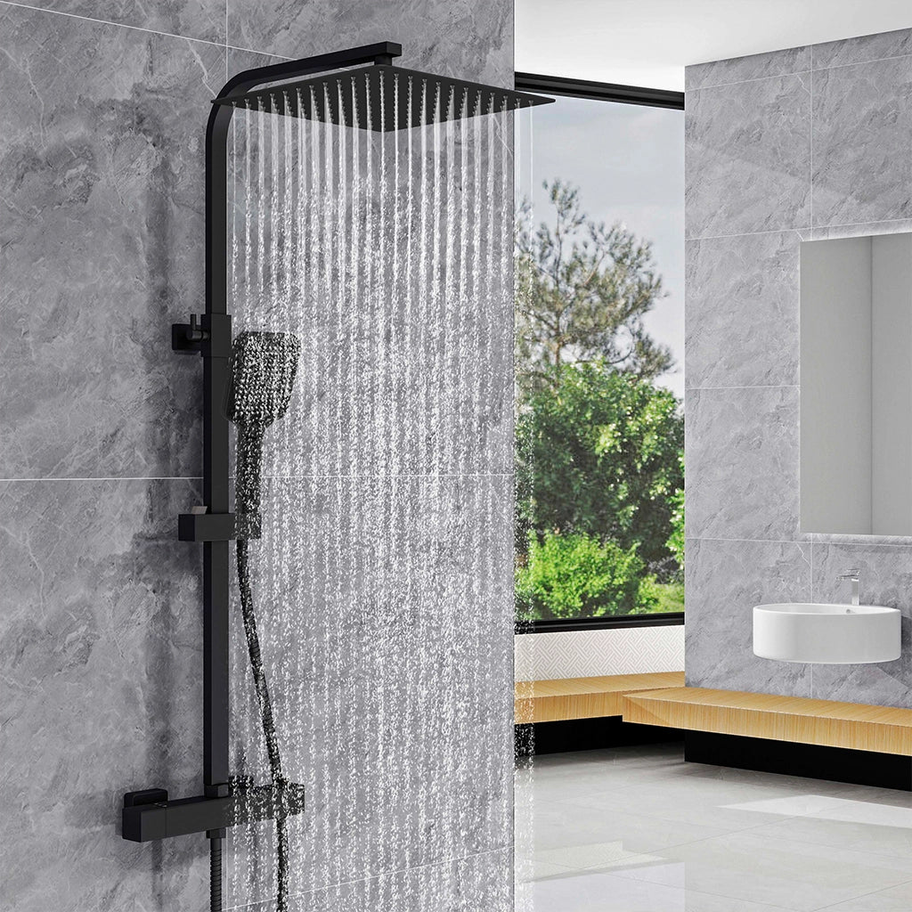 AICAIT Colonna doccia Termostatica, set doccia multifunzione con soffione quadrato 30x30cm e doccetta a 3 getti, nero