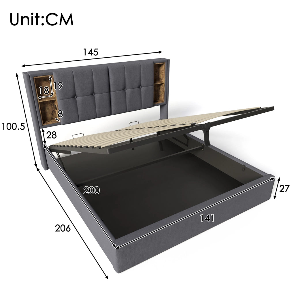 Letto imbottito 140x200 con ricarica wireless, USB e contenitore