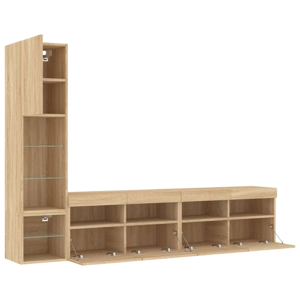Mobile TV multimediale mensola TV credenza mobile TV sala da pranzo soggiorno camera da letto con illuminazione a LED 4 pezzi legno ingegnerizzato rovere Sonoma marrone 02_0029364