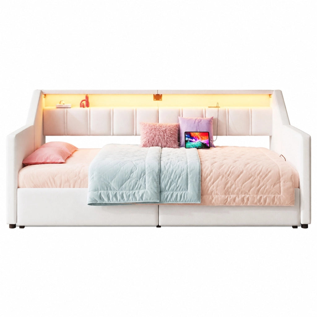 Daybed 90 x 200 cm con USB, Type-C, LED e 2 cassetti, beige