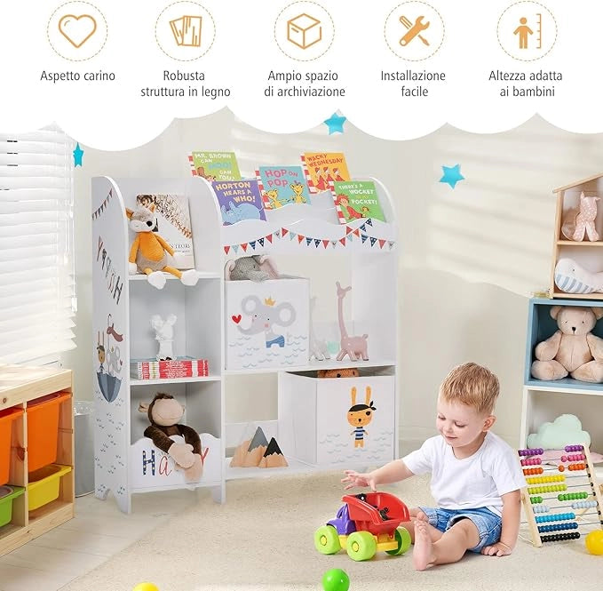 Armadio per Bambini, Scaffale di Legno con 3 Livelli e 5 Scompartimenti, 2 Cassetti in Tessuto e 3 Spazi per Giocattoli e Libri, Scaffale Verticale per Bambini, Bianco (Pirata Animale)