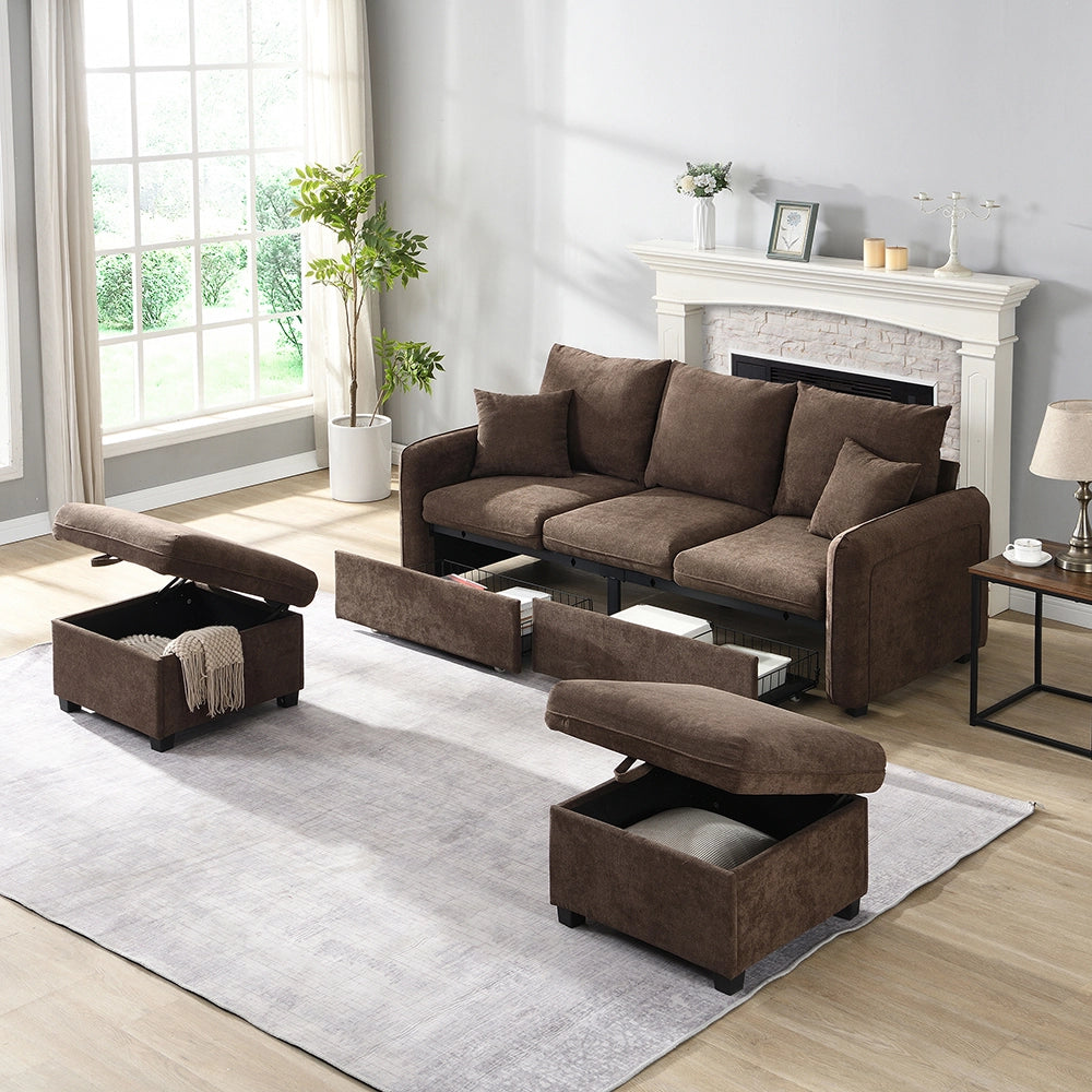 Divano angolare - Xylo - 3 posti modulare cassetti+pouf chenille