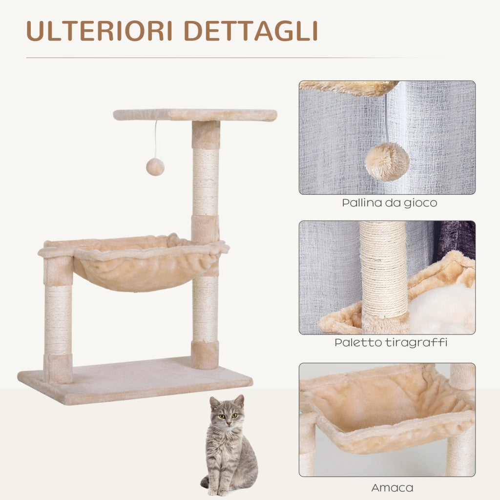 Tiragraffi per Gatti con Amaca e Pallina ¨C Xylo ¨C Legno e Peluche Beige 50x36x70cm