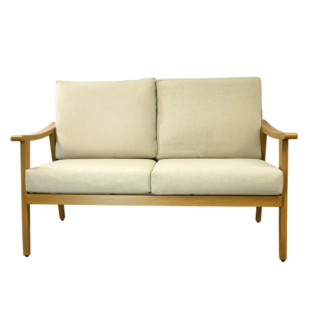 Salotto da giardino ALBORA 4 posti in alluminio effetto legno con cuscini beige e tavolino basso