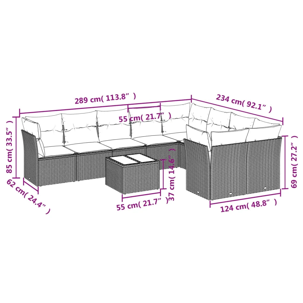 Set Divano Giardino 10 pz con Cuscini Grigio Chiaro Polyrattan