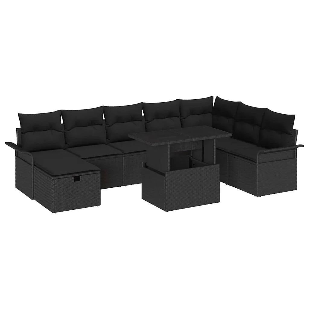 Set Divano da Giardino con cuscino 9 pcs Nero Poly Rattan