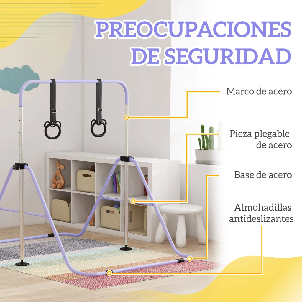 Barra Ginnastica Regolabile Bambini ¨C Xylo ¨C 5 Livelli Altezza con Anelli Allenamento Viola