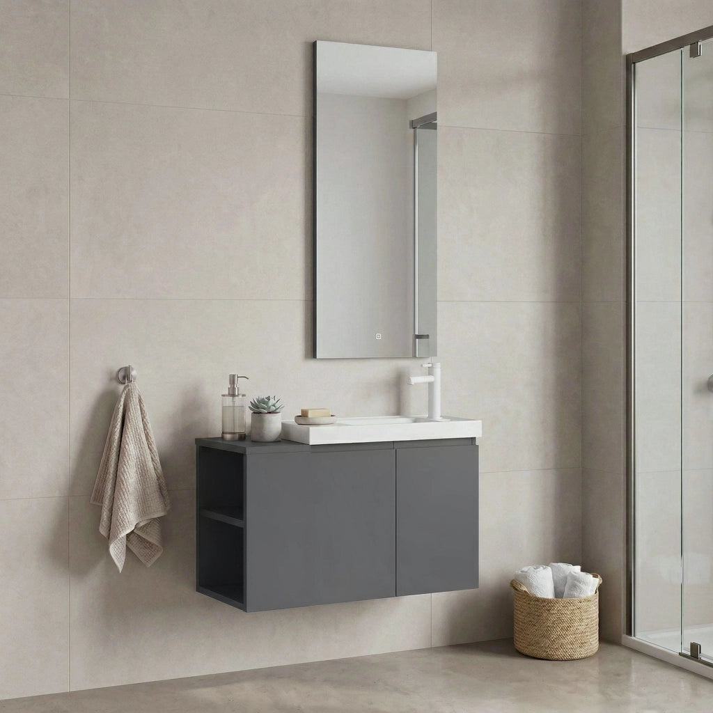 Set mobile lavabo con specchio (2 pezzi) "Ferla 80" - 80 x 22 x 45 cm - Grigio opaco