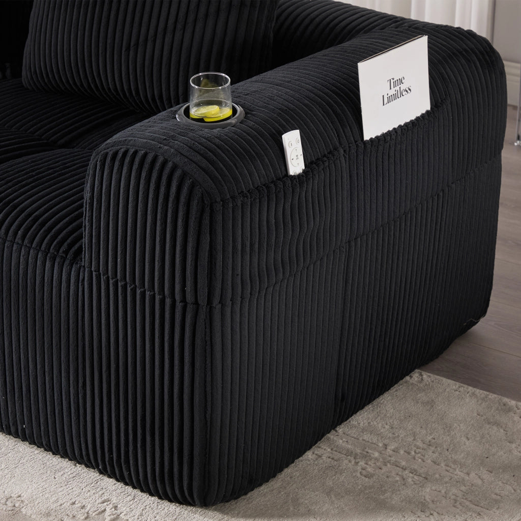 Divano Compatto in Tessuto a Coste con Cuscini ¨C MINIMAL ¨C Nero, Modulare, Portabicchieri