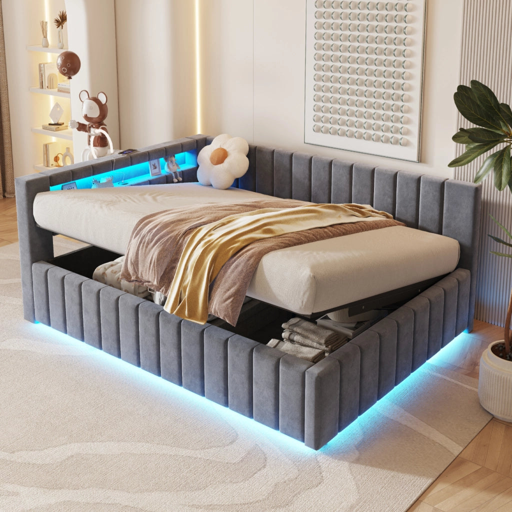 LETTO Contenitore 140x200 cm in velluto grigio con LED e USB